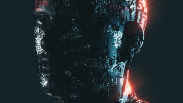 AI face made of broken symbols—showing how people see AI as powerful but unclear.